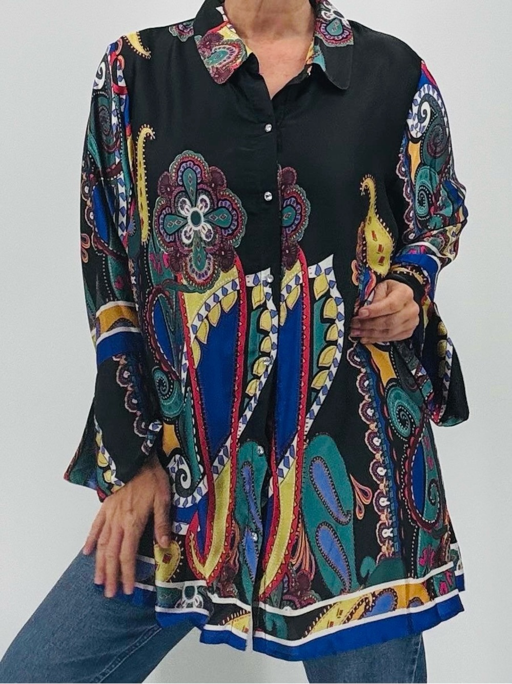 Vintage Y2K Artsy Boho Paisley Abstract Print Satin Rhinestone Tunic Top Size 1X - Picture 13 of 13